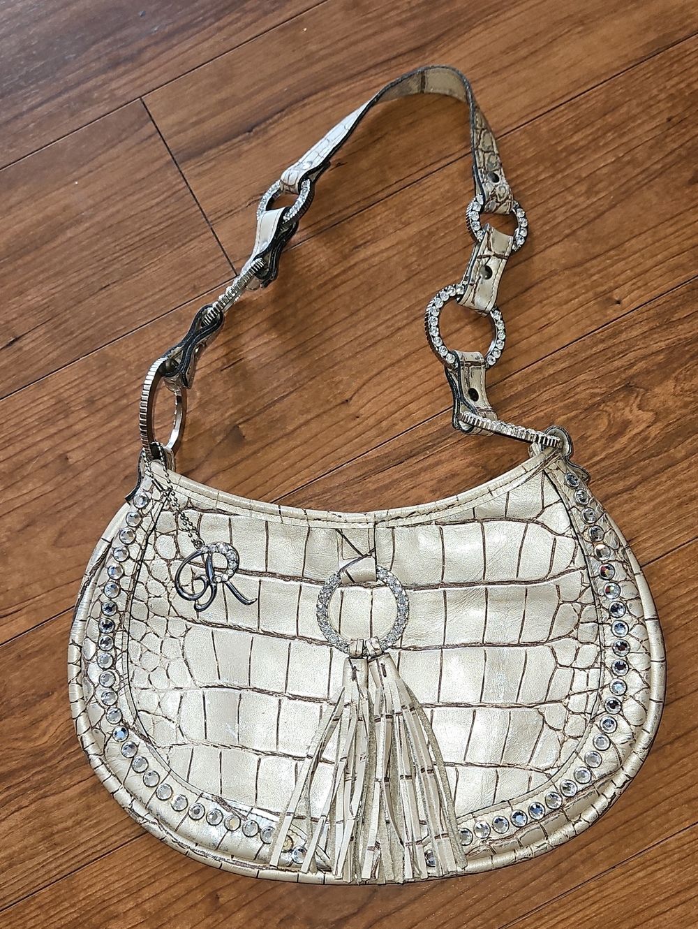 Raviani Metallic Croc-Embossed Fringe Shoulder Bag - Gold